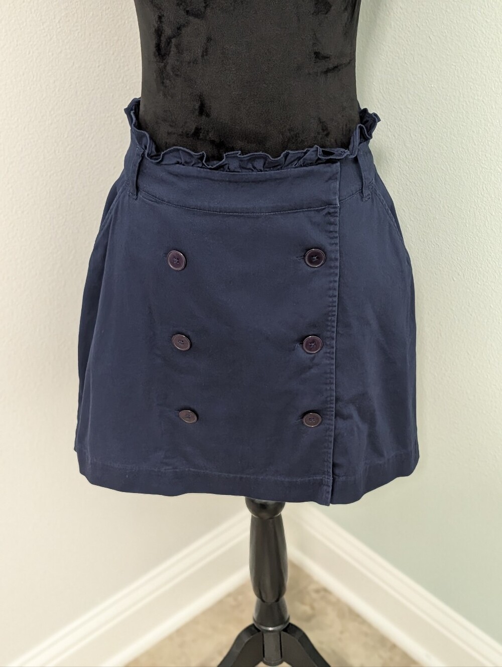 Crown & Ivy Navy Double Breasted Wrap Mini Skirt Ruffle Waist Size 4